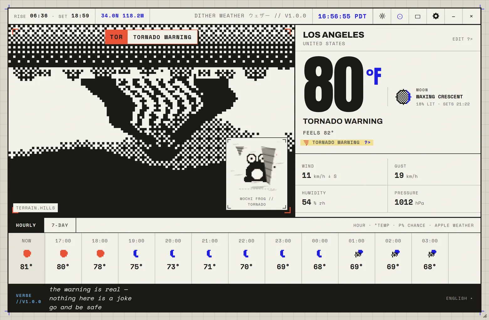 A tornado warning taking over the entire widget, replacing the scene with a high-contrast alert.