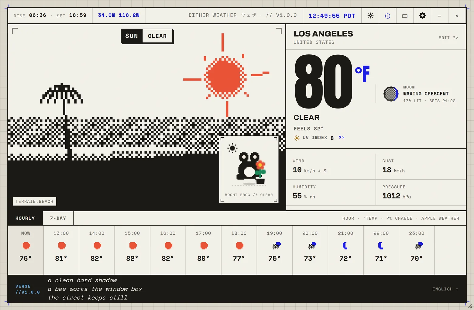 The Dither Weather window showing a dithered beach scene in clear weather, with a frog companion and the current temperature.